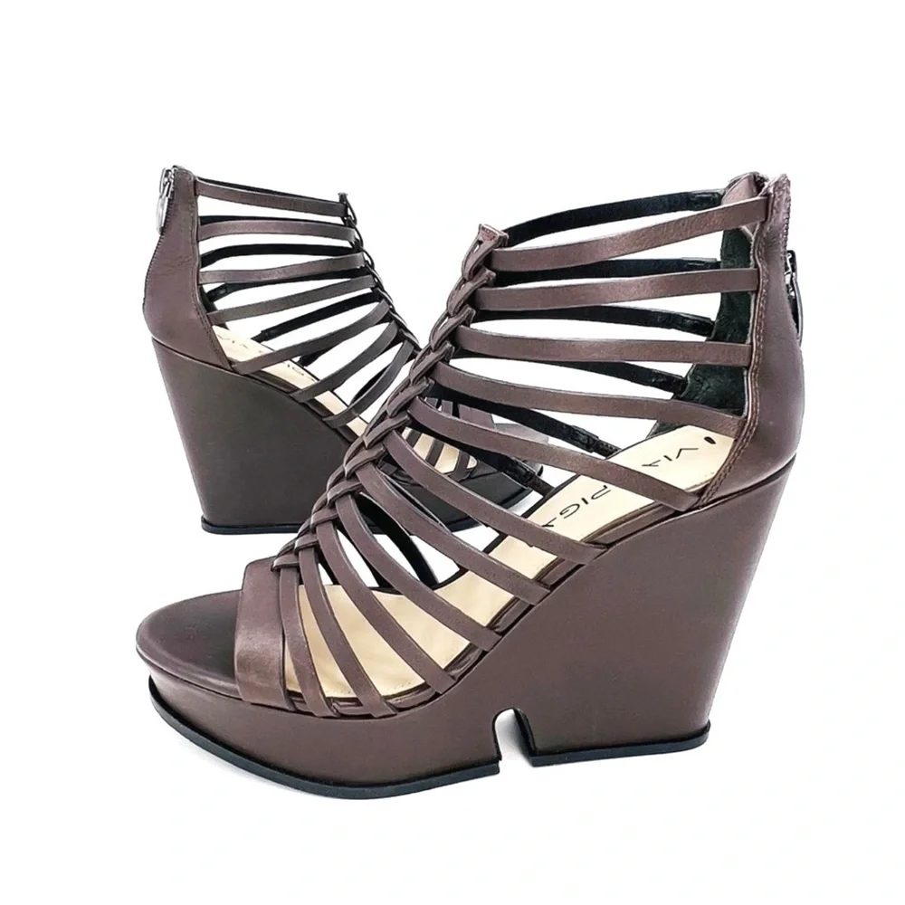Via Spiga Walena Chunky Cage Platform Wedge Sandal Brown Leather Size 5.5 New